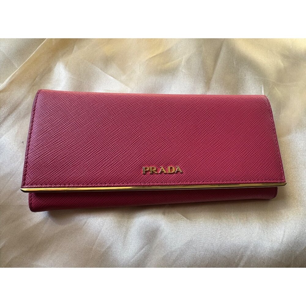 NWT Prada Pink Saffiano Leather Gold Bar Flap Continental Wallet